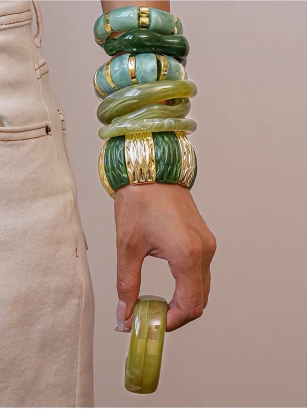 Gold and Sage Green Chunky Stretch Bracelet - Picture 4 of 6